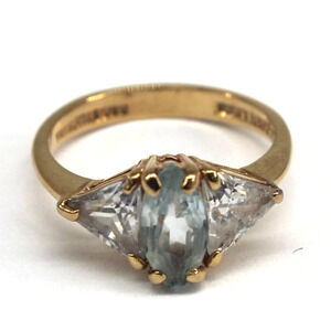Light Marquis Cut Blue Topaz Ring Triangle Cut Clear CZs • 14K HGE LIND • Size 7